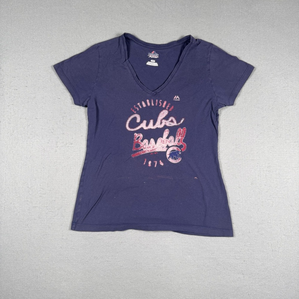 Majestic Chicago Cubs T-Shirt Womens Medium Blue V-Neck MLB Baseball Graphic Tee